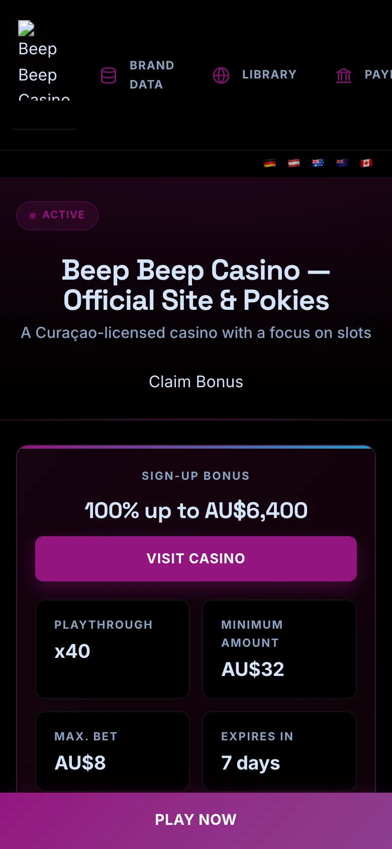 Beep Beep Casino mobile lobby screenshot