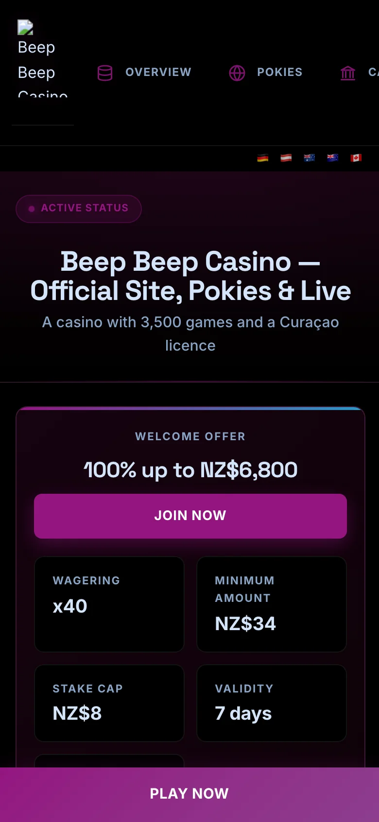 Beep Beep Casino mobile lobby screenshot