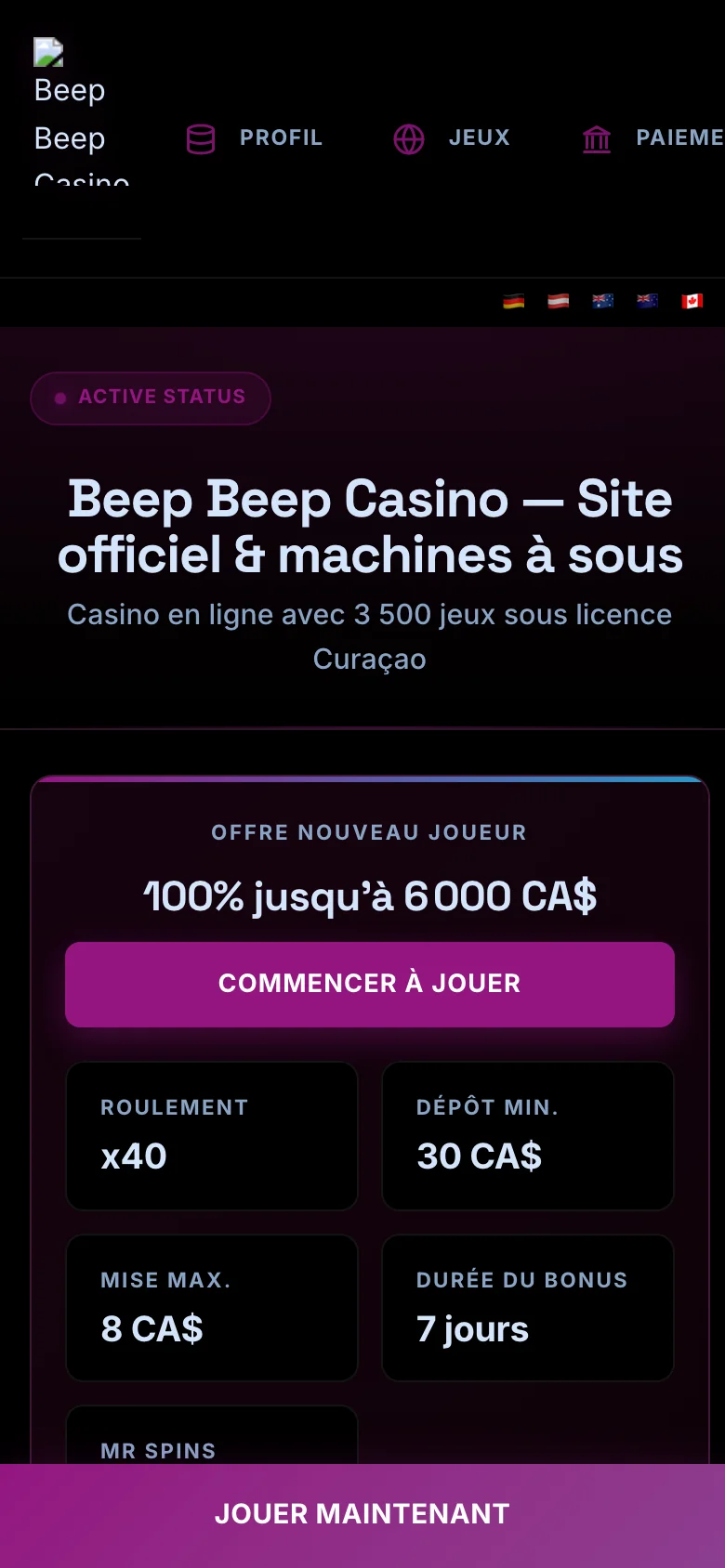 Beep Beep Casino mobile lobby screenshot